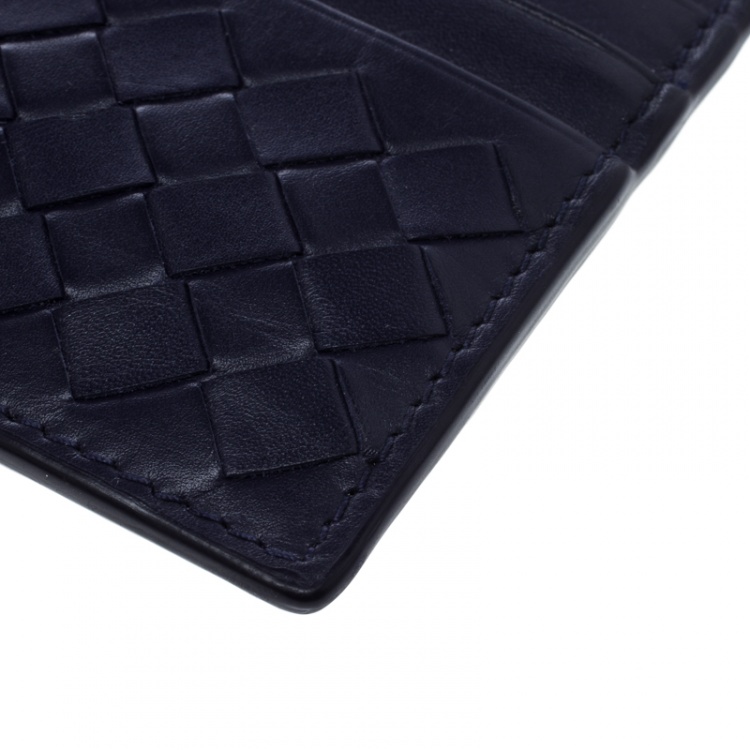 Pre Owned Bottega Veneta Blue Intrecciato Leather Card Holder