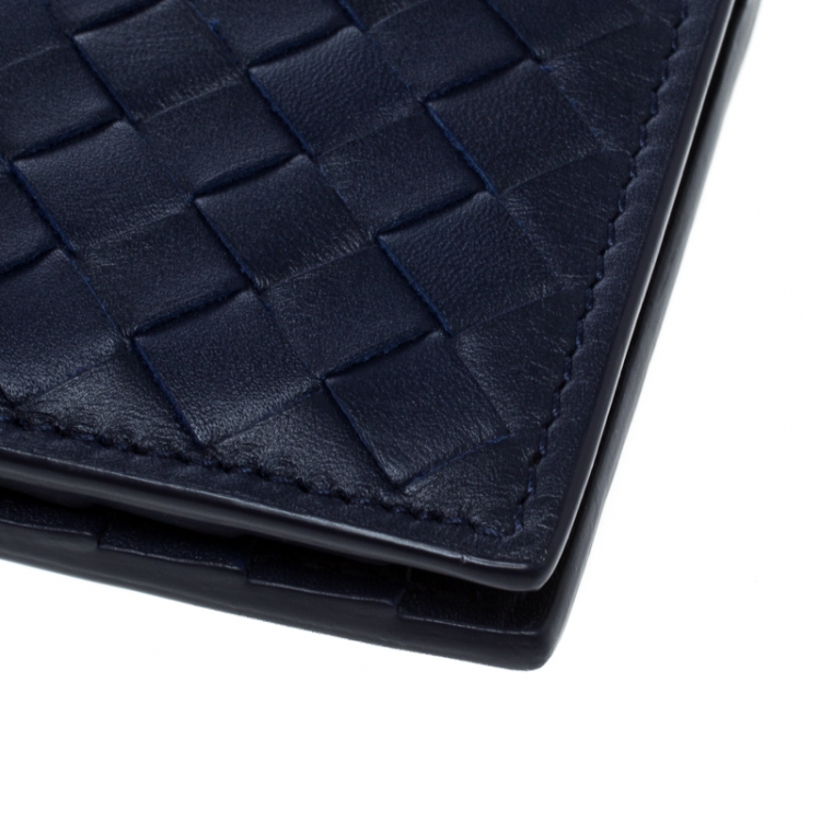 Pre Owned Bottega Veneta Dark Blue Intrecciato Leather Card Holder