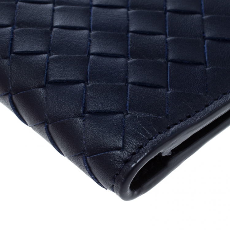 Pre Owned Bottega Veneta Dark Blue Intrecciato Leather Card Holder
