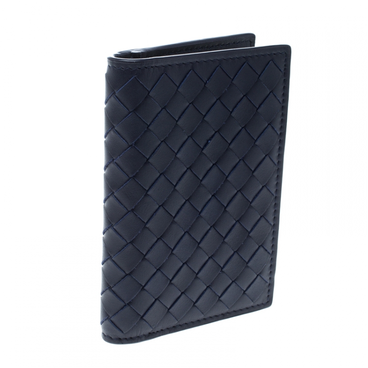 Pre Owned Bottega Veneta Dark Blue Intrecciato Leather Card Holder