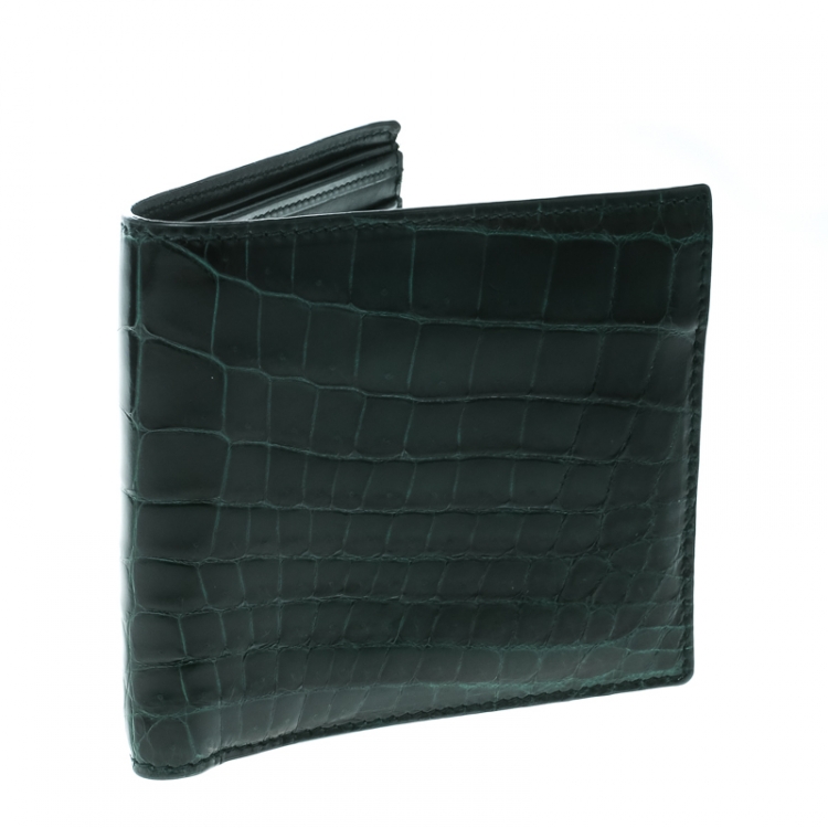 Pre Owned Bottega Veneta Green Crocodile Bi Fold Wallet 