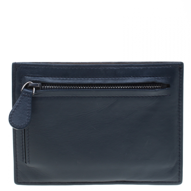 Pre Owned Bottega Veneta Navy Blue Intrecciato Leather Prusse Card Holder