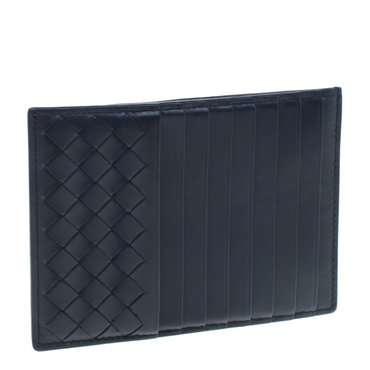 Pre Owned Bottega Veneta Navy Blue Intrecciato Leather Prusse Card Holder