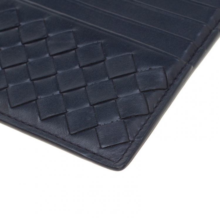 Pre Owned Bottega Veneta Navy Blue Intrecciato Leather Prusse Card Holder