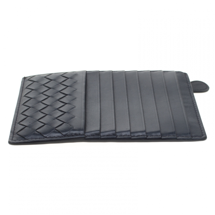 Pre Owned Bottega Veneta Navy Blue Intrecciato Leather Prusse Card Holder