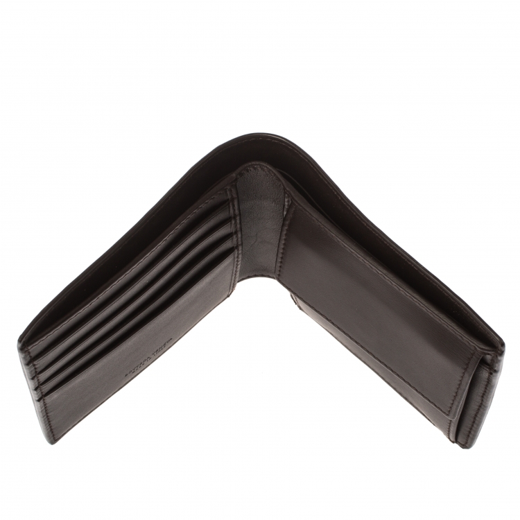 Pre Owned Bottega Veneta Dark Brown Intrecciato Leather Bifold Wallet