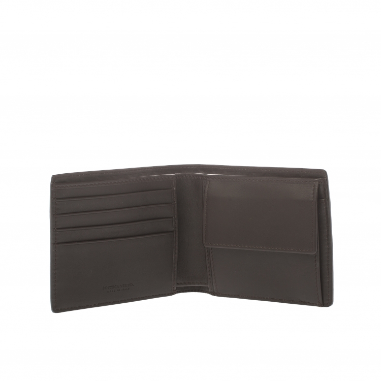 Pre Owned Bottega Veneta Dark Brown Intrecciato Leather Bifold Wallet