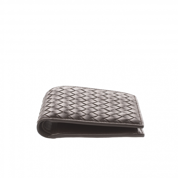 Pre Owned Bottega Veneta Dark Brown Intrecciato Leather Bifold Wallet