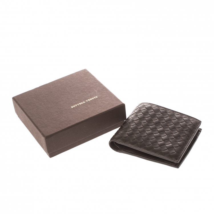 Pre Owned Bottega Veneta Dark Brown Intrecciato Leather Bifold Wallet
