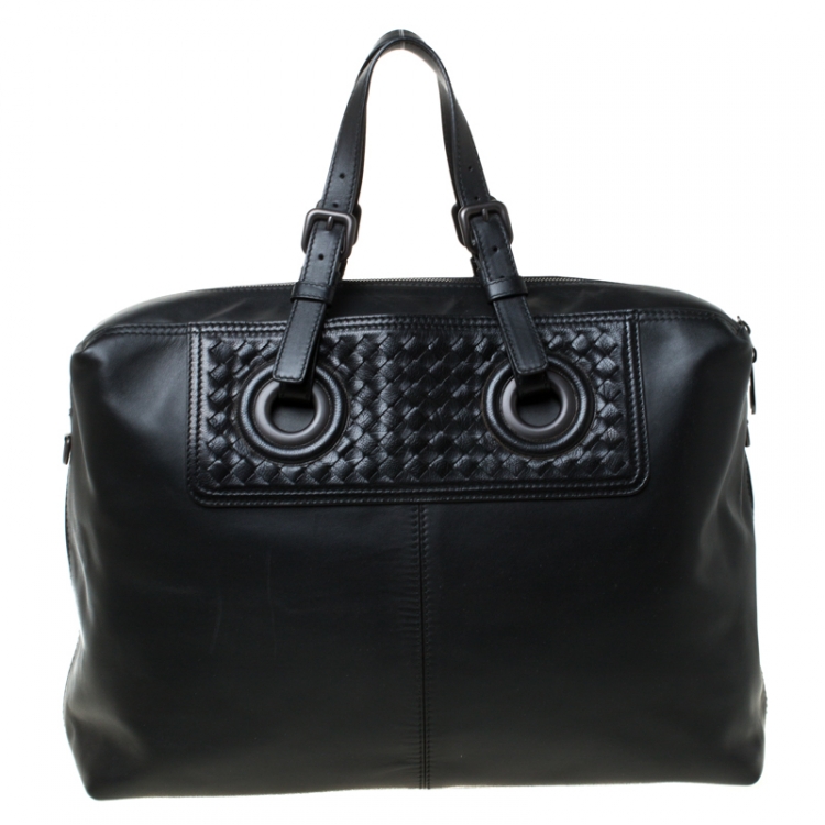 Pre Owned Bottega Veneta Black Intrecciato Leather Large Oculus Duffle Bag
