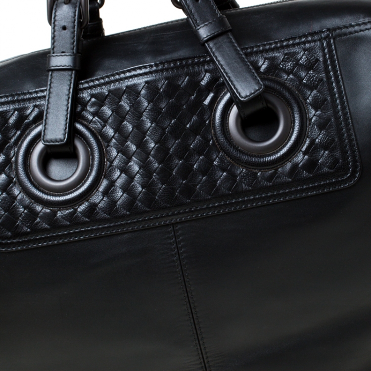 Pre Owned Bottega Veneta Black Intrecciato Leather Large Oculus Duffle Bag