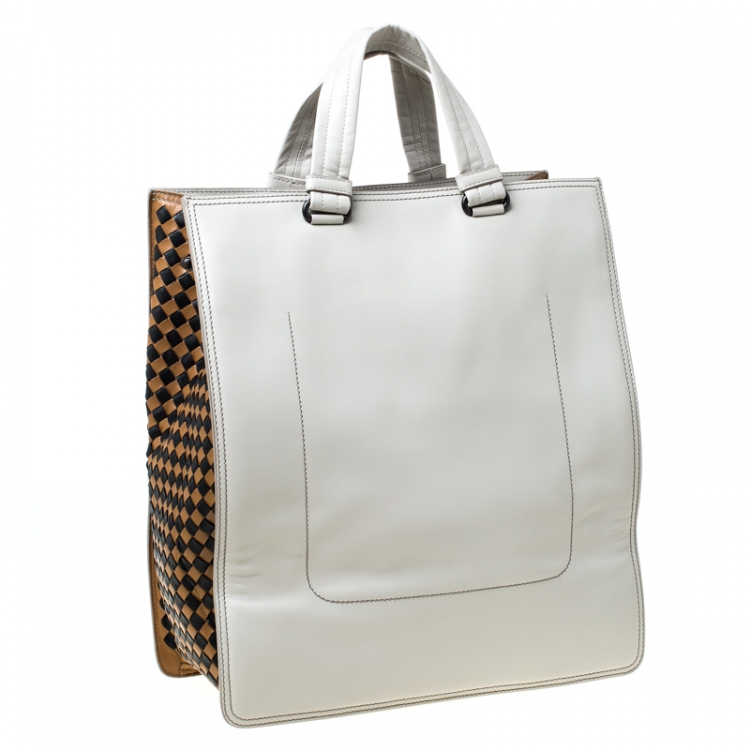 Pre Owned Bottega Veneta Tri Color Intrecciato Leather Checker Tote