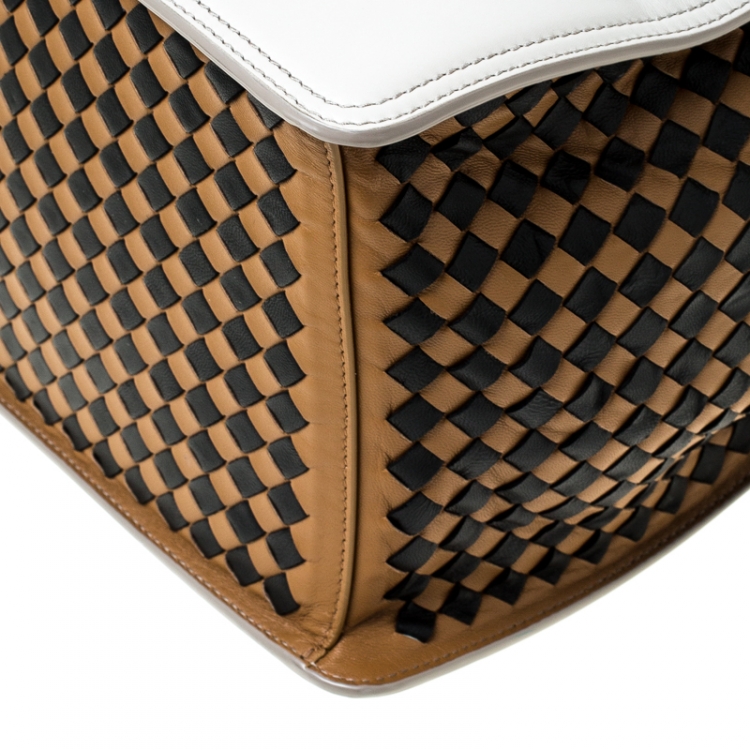 Pre Owned Bottega Veneta Tri Color Intrecciato Leather Checker Tote