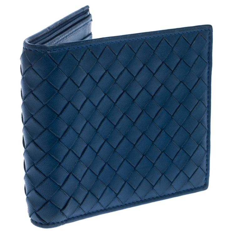 Pre Owned Bottega Veneta Blue Intrecciato Leather Bifold Wallet