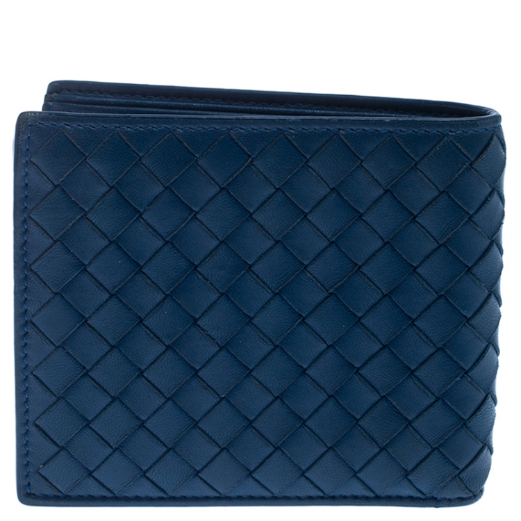 Pre Owned Bottega Veneta Blue Intrecciato Leather Bifold Wallet