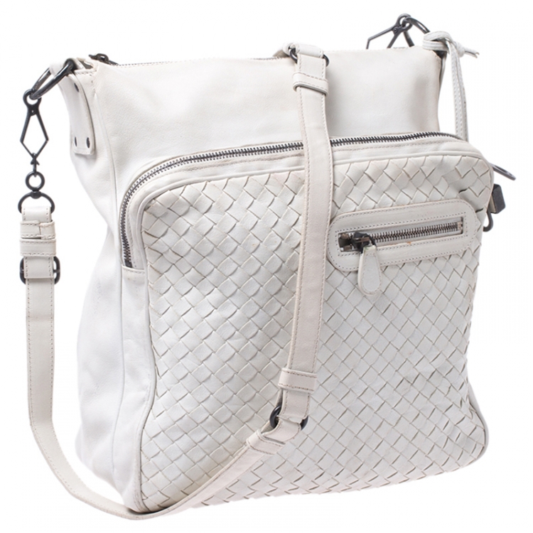 Pre Owned Bottega Veneta White Intrecciato Leather Messenger Bag
