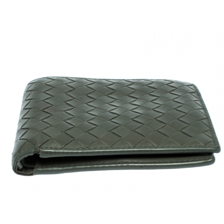 Pre Owned Bottega Veneta Dark Olive Green Intrecciato Leather Bifold Wallet