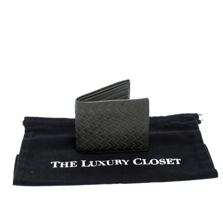 Pre Owned Bottega Veneta Dark Olive Green Intrecciato Leather Bifold Wallet
