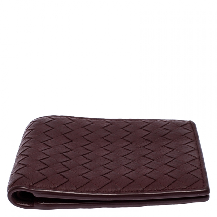 Pre Owned Bottega Veneta Burgundy Intreciatto Leather Bifold Wallet