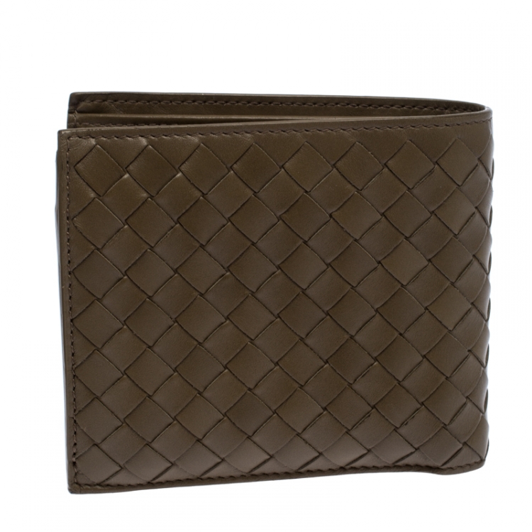 Pre Owned Bottega Veneta Olive Green Intrecciato Leather Bifold Wallet