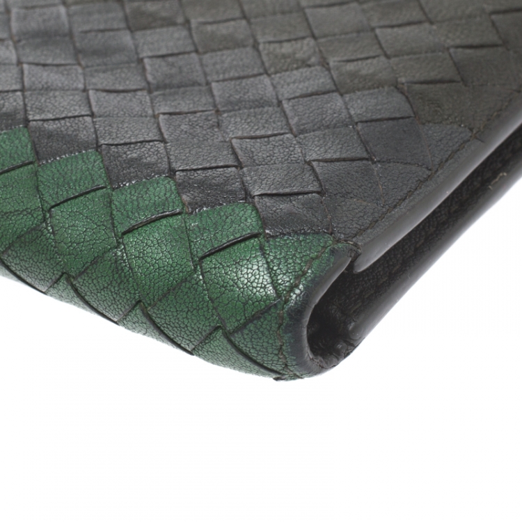 Pre Owned Bottega Veneta Green/Grey Intrecciato Leather Bifold Wallet