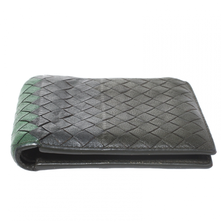 Pre Owned Bottega Veneta Green/Grey Intrecciato Leather Bifold Wallet