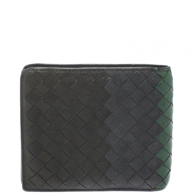 Pre Owned Bottega Veneta Green/Grey Intrecciato Leather Bifold Wallet