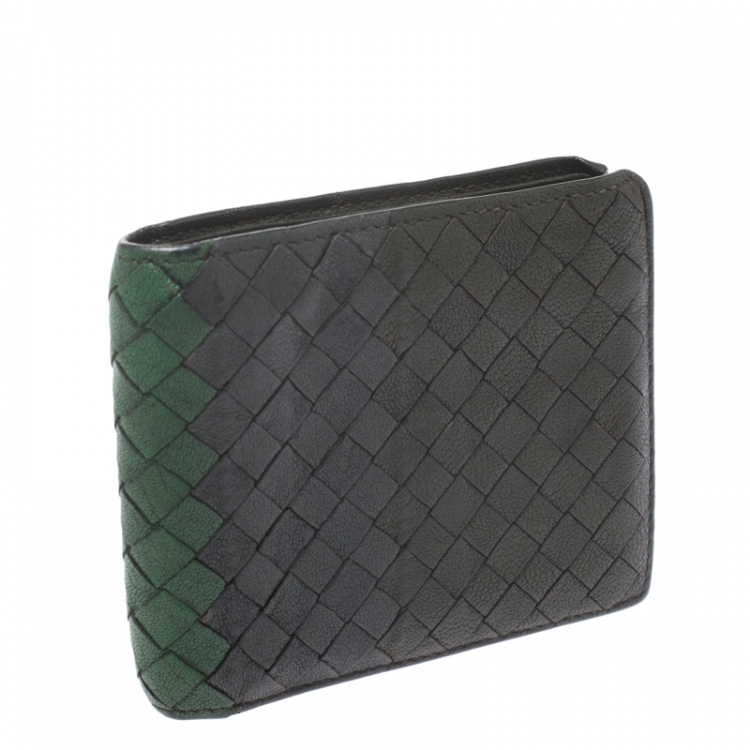 Pre Owned Bottega Veneta Green/Grey Intrecciato Leather Bifold Wallet