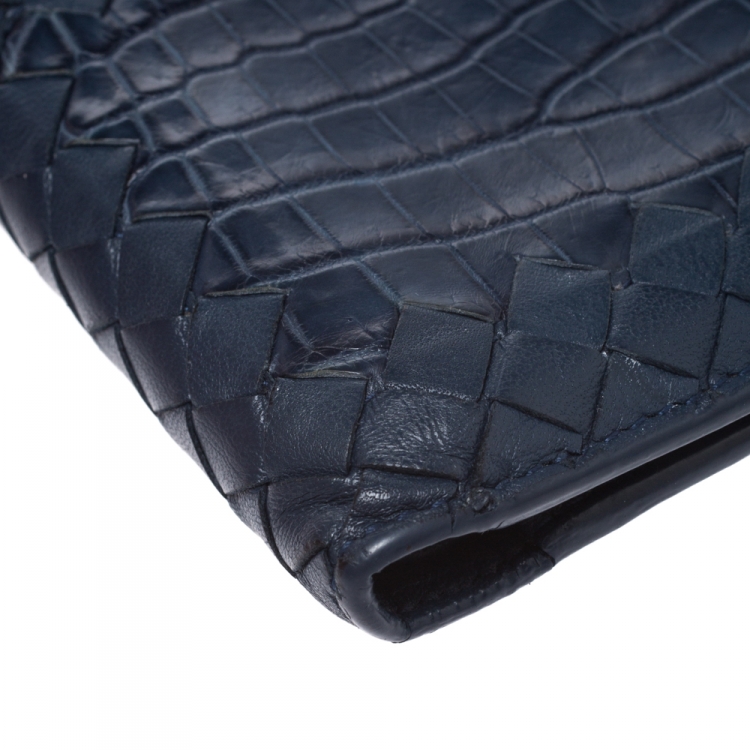 Pre Owned Bottega Veneta Blue Intrecciato Leather and Crocodile Bifold Wallet