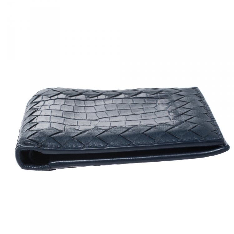 Pre Owned Bottega Veneta Blue Intrecciato Leather and Crocodile Bifold Wallet