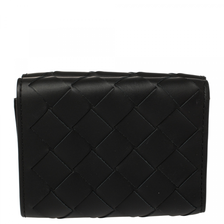 Pre Owned Bottega Veneta Black Intrecciato Leather Trifold Wallet