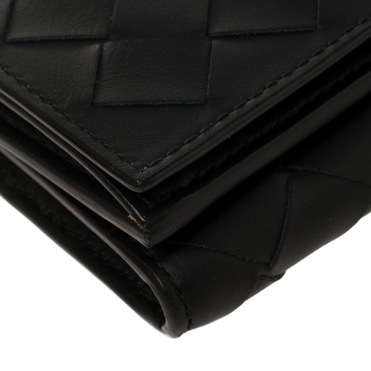 Pre Owned Bottega Veneta Black Intrecciato Leather Trifold Wallet