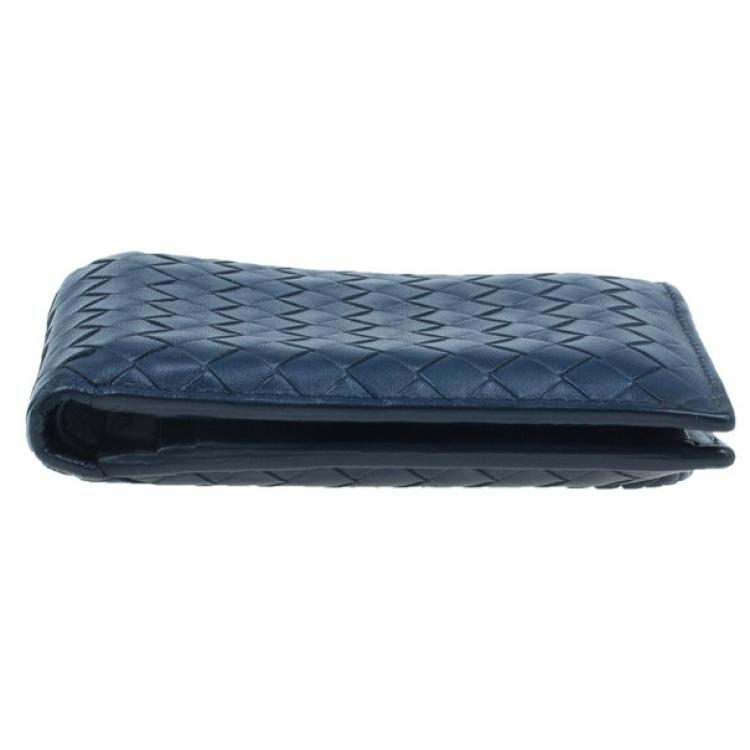 Pre Owned Bottega Veneta Navy Blue Intrecciato Leather Compact Wallet