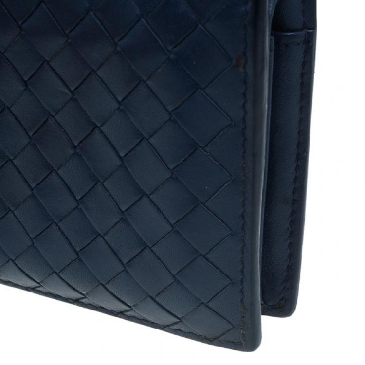 Pre Owned Bottega Veneta Navy Blue Intrecciato Leather Compact Wallet