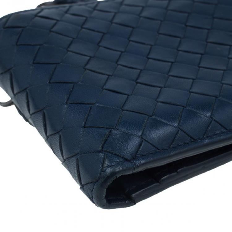 Pre Owned Bottega Veneta Navy Blue Intrecciato Leather Compact Wallet