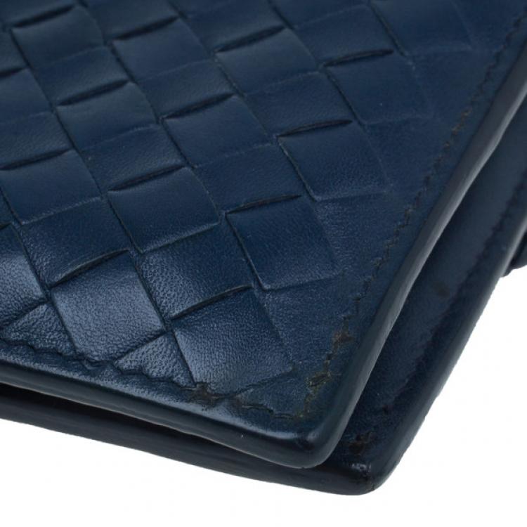 Pre Owned Bottega Veneta Navy Blue Intrecciato Leather Compact Wallet