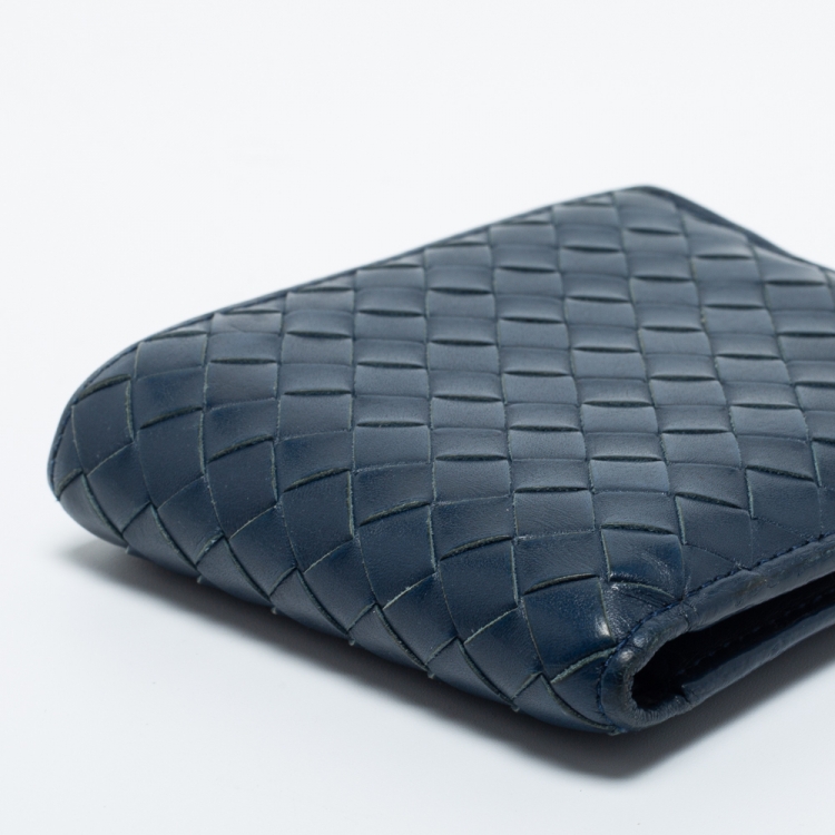Pre Owned Bottega Veneta Blue Intrecciato Leather Bifold Wallet