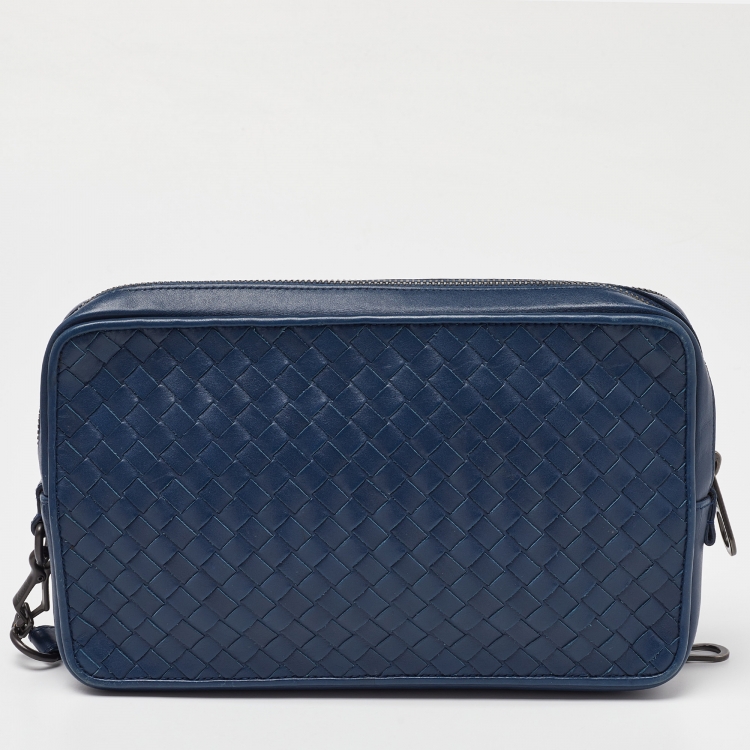 Pre Owned Bottega Veneta Blue Intrecciato Leather Wristlet Pouch