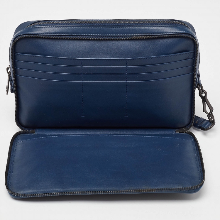 Pre Owned Bottega Veneta Blue Intrecciato Leather Wristlet Pouch