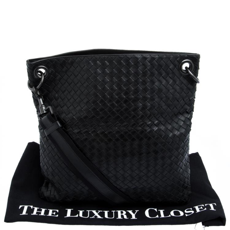 Pre Owned Bottega Veneta Black Intrecciato Leather Messenger Bag