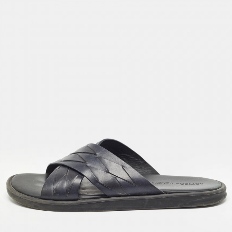 Pre Owned Bottega Veneta Navy Blue Intrecciato Leather Cross Strap Flat Slides Size 43