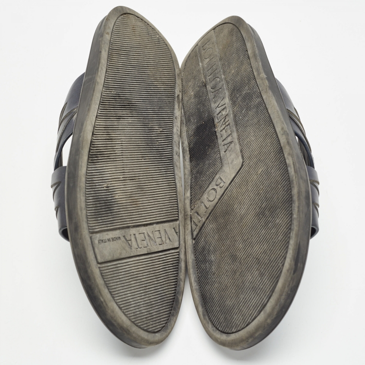 Pre Owned Bottega Veneta Navy Blue Intrecciato Leather Cross Strap Flat Slides Size 43