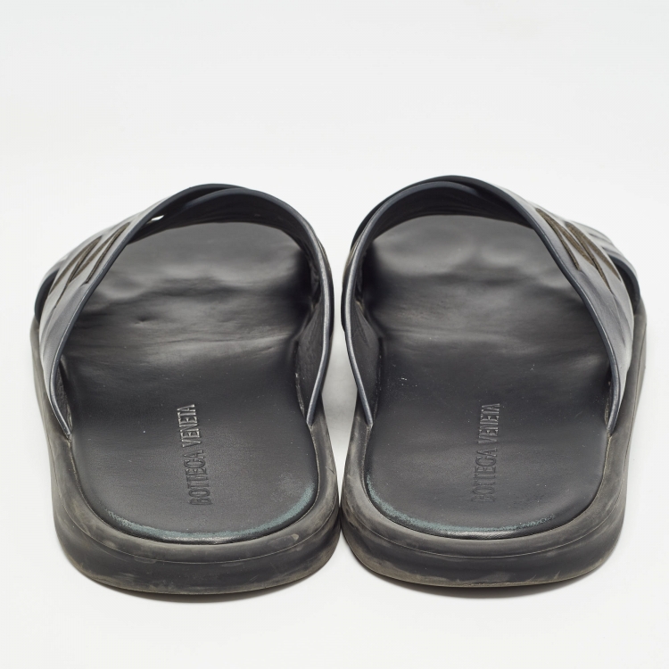 Pre Owned Bottega Veneta Navy Blue Intrecciato Leather Cross Strap Flat Slides Size 43