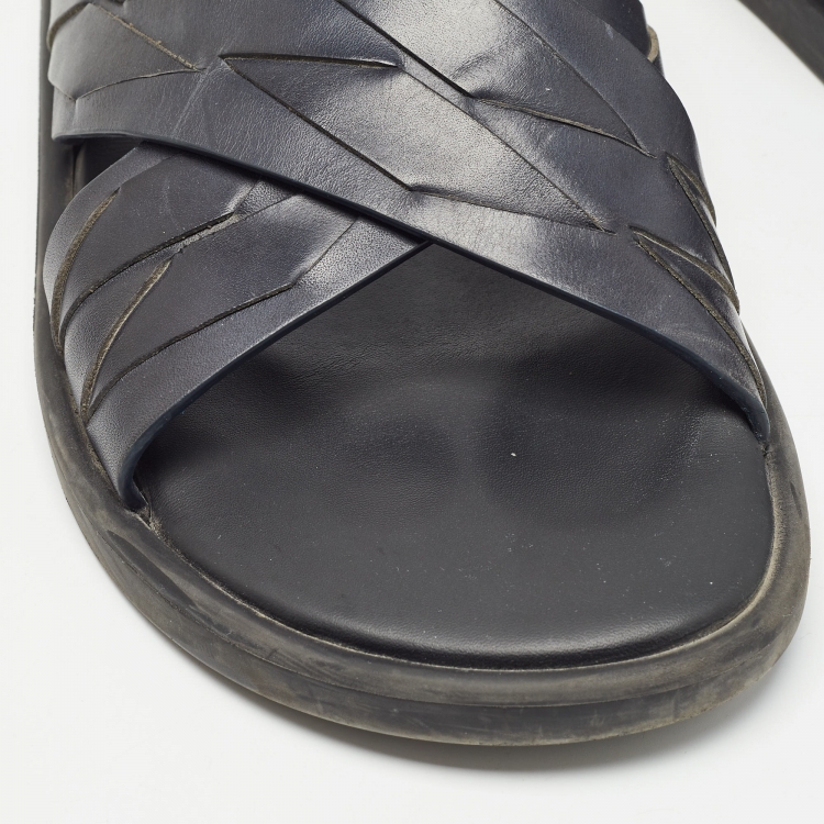 Pre Owned Bottega Veneta Navy Blue Intrecciato Leather Cross Strap Flat Slides Size 43