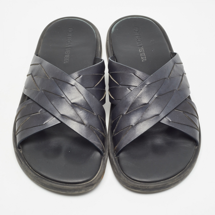 Pre Owned Bottega Veneta Navy Blue Intrecciato Leather Cross Strap Flat Slides Size 43