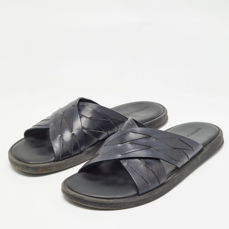 Pre Owned Bottega Veneta Navy Blue Intrecciato Leather Cross Strap Flat Slides Size 43