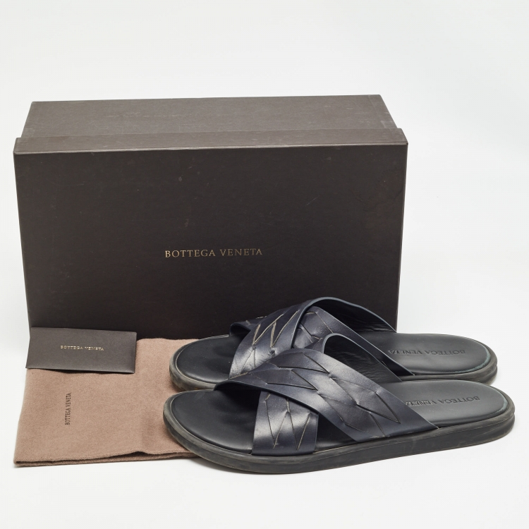 Pre Owned Bottega Veneta Navy Blue Intrecciato Leather Cross Strap Flat Slides Size 43