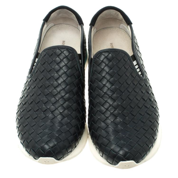 Pre Owned Bottega Veneta Navy Blue Intrecciato Leather Sneakers Size 40