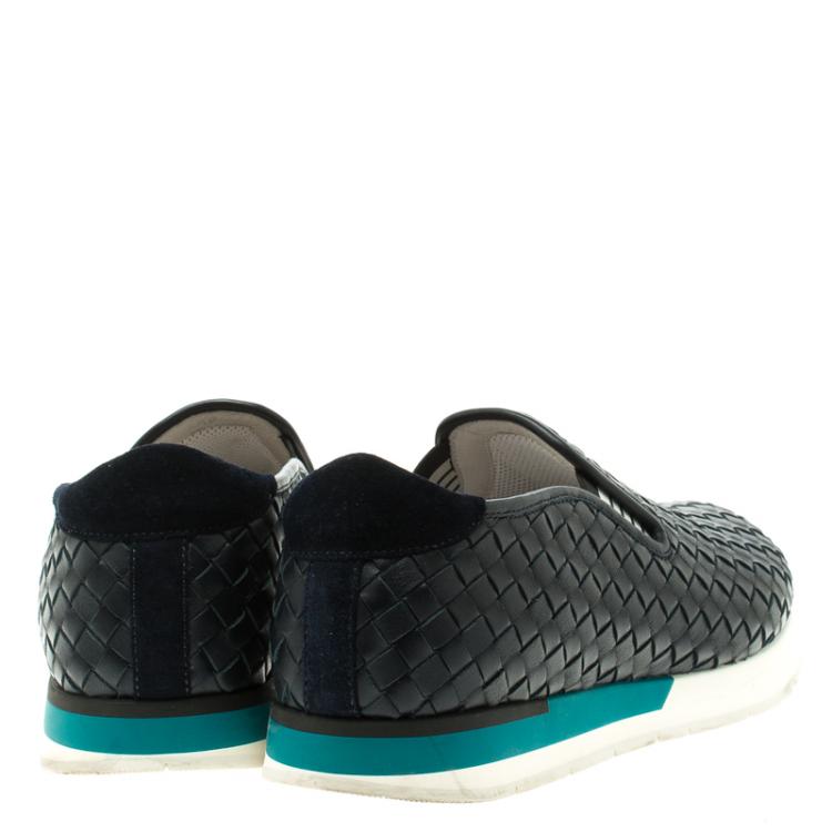 Pre Owned Bottega Veneta Navy Blue Intrecciato Leather Sneakers Size 40