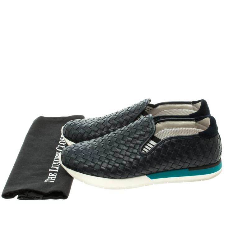 Pre Owned Bottega Veneta Navy Blue Intrecciato Leather Sneakers Size 40